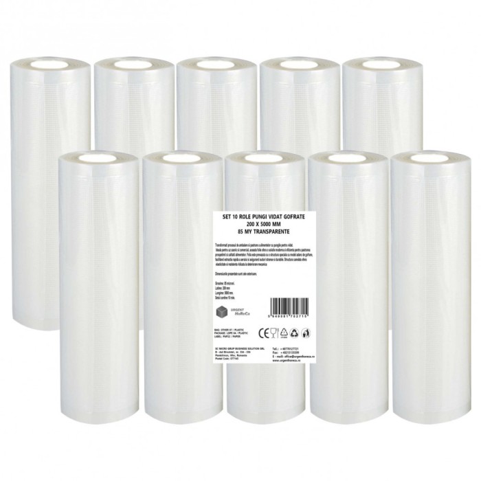 Set 10 role pungi vidat gofrate, dimensiuni 200x5000 mm, transparente, grosime 85 microni, preparare sau depozitare Sous Vide