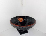 Art Deco: Fructieră pedestal, sticlă opaline black pictată manual, cca. 1920-1930 - decor Karl Diesner - Afors Glasbruk, Suedia