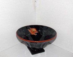 Art Deco: Fructieră pedestal, sticlă opaline black pictată manual, cca. 1920-1930 - decor Karl Diesner - Afors Glasbruk, Suedia