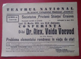 Afiș Conferință Alex. Vaida - Voevod : Problema elementului rom&acirc;nesc - 1935