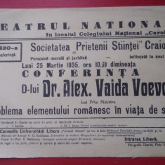 Afiș Conferință Alex. Vaida - Voevod : Problema elementului românesc - 1935