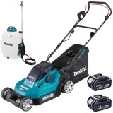 Makita DLM382CM2 + DUS158Z - Masina de tuns iarba cu 2 acumulatori Li-Ion 18 V 4 Ah 38 cm 40 l + Pulverizator 5 bar 15 l