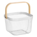 Coș Depozitare, Metalic, Ecru, Cu M&acirc;ner Lemn, Dimensiuni 24.5x24.5x18cm, Capacitate 11L, Oem