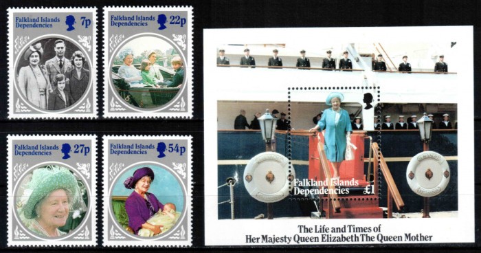 Falkland Dep 1985, Mi #133-136 + Bl 2**, Regina mama Elisabeta MNH! Cota 10,6 &euro;!