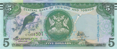 TRINIDAD SI TOBAGO █ bancnota █ 5 Dollars 2006 (2017) █ P-47c semnatura 10 █ UNC foto