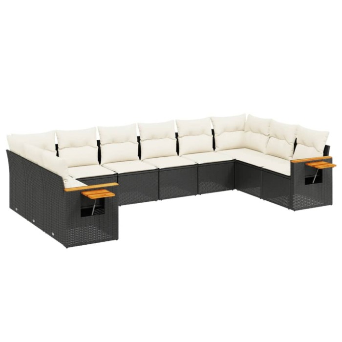 Set canapele de gradina cu perne, 10 piese, negru, poliratan