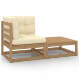 Set Mobilier Gradina 2 Piese Gossi, Lemn Masiv Pin, Maro Miere, Perne Crem Incluse, Canapea Colt + Taburet