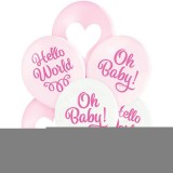 Set 6 baloane latex Oh Baby Girl, roz-alb, 30 cm, pentru baby shower