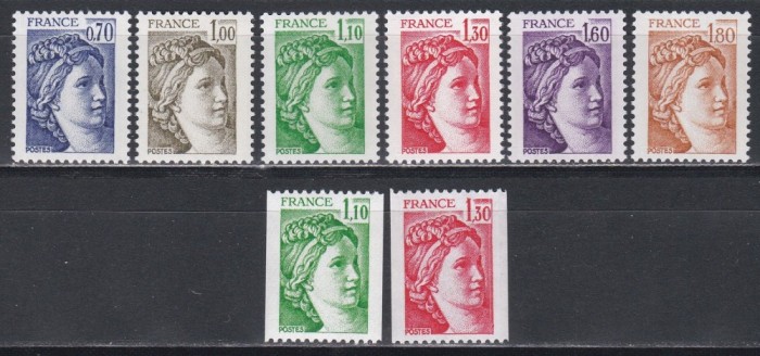 Franța 1979 - &bdquo;Sabine&rdquo; - Valori Noi (Cele 2 valori din r&acirc;ndul de jos, NEDANTELATE pe verticală, numerotate cu roșu), Set complet, MNH