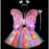Costum Fluturas cu Aripi Modelabile Luminoase pentru Copii, Flippy, Fusta din Tul cu Lumini, Bagheta si Bentita, 4 piese, Pentru Halloween, Cosplay, C