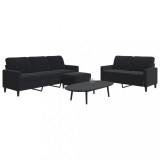 VidaXL Set de canapele cu perne, 3 piese, negru, catifea