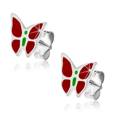 Cercei cu tijă din argint - model fluture roșu cu verde foto