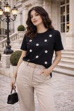 Tricou dama negru din bumbac cu flori brodate