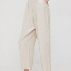 Sisley pantaloni femei, culoarea bej, drept, high waist