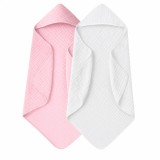 Set 2x Prosop de baie cu gluga REDQUIT&reg; pentru bebelusi din muselina - 80x80cm, Alb cu Roz, absorbant si moale, 100% bumbac