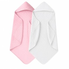 Set 2x Prosop de baie cu gluga REDQUIT&reg; pentru bebelusi din muselina - 80x80cm, Alb cu Roz, absorbant si moale, 100% bumbac