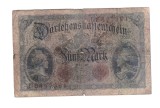 Bancnota Germania 5 mark/marci 5 august 1914, seria cu 7 cifre, extrem de uzata