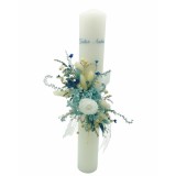 Lumanare pentru botez, 40 cm, cu trandafir criogenat, hortensii criogenate, flori naturale uscate (personalizabila cromatic si cu text)