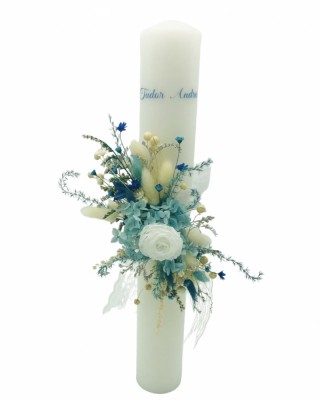 Lumanare pentru botez, 40 cm, cu trandafir criogenat, hortensii criogenate, flori naturale uscate (personalizabila cromatic si cu text) foto