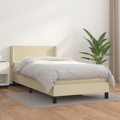 vidaXL Pat box spring cu saltea, crem, 100x200 cm, piele ecologică 3130645 foto