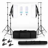 Cumpara ieftin Set studio iluminare cu 2 softbox, 2 becuri fluorescente spiralate 145W, white screen, clame pentru panza, geanta transport