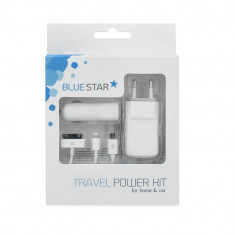 Kit Incarcator Priza + Auto + Cablu APPLE &amp;amp; MicroUSB (Alb) Blue Star foto