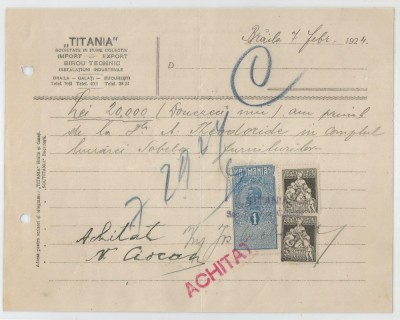 Romania, &amp;quot;Titania&amp;quot;, Societate in nume colectiv Import - Export, Braila, 1924 foto