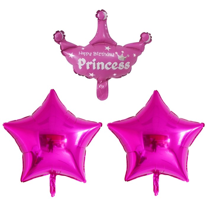 Set 3 baloane din folie metalizata, flippy, figurine coroana si stea, model aniversare, 40 cm, ambalaj individual, pai inclus, umflare cu aer sau heli