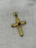 PANDANTIV AUR 18K CRUCE + 4 Rubine Caboshon - Crucifix Grecia - 8.4g. !