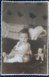 Fotografie tip Carte postala, Bebelus cu o pisica si jucarii, perioada interbelica