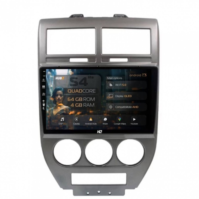 Navigatie Jeep Compass Patriot (2006-2010) 4GB RAM Android 13 Quadcore DSP GPS Wi-FI Carplay Android Auto USB Bluetooth Waze Touchscreen 9 inch