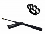 Set baston telescopic flexibil negru maner tip tonfa 47 cm + box negru 1 cm grosime