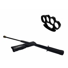 Set baston telescopic flexibil negru maner tip tonfa 47 cm + box negru 1 cm grosime