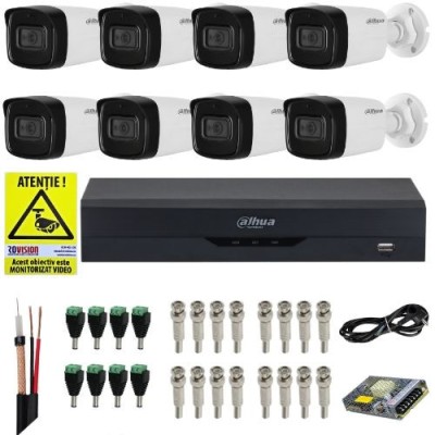 Kit supraveghere Dahua 8 camere 4K 8MP IR 80m Microfon, DVR 8 canale 4K 8MP Audio Functii AI, accesorii + Autocolant Rovision SafetyGuard Surveillance foto