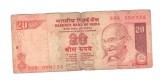 Bancnota India 20 rupees 2010, circulata, uzata, patata