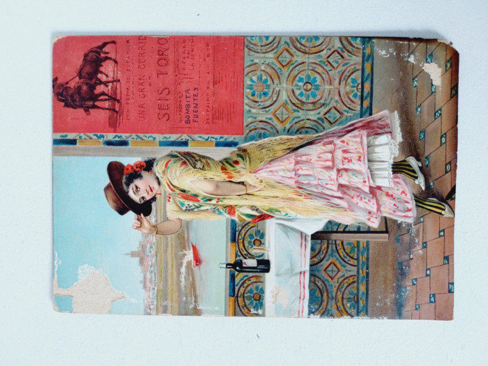Carte postala veche sec XIX Spania femeie flamenco corida Bombita Fuentes