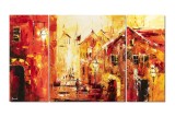 Set 3 piese tablou pictat manual, living, birou, La plimbare prin centrul vech, 160x90cm ulei pe panza in cutit efect 3D