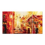 Set 3 piese tablou pictat manual, living, birou, La plimbare prin centrul vech, 160x90cm ulei pe panza in cutit efect 3D