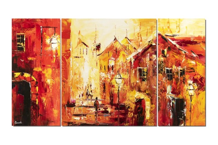 Set 3 piese tablou pictat manual, living, birou, La plimbare prin centrul vech, 160x90cm ulei pe panza in cutit efect 3D