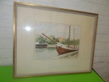 Peisaj marin cu corabie in port - superba ACUARELA , tablou, Marine, Realism