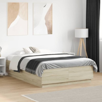 vidaXL Cadru de pat cu LED stejar sonoma 135x190 cm lemn prelucrat 3209648 foto