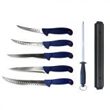 Cumpara ieftin Pachet profesional pentru macelarie, dezosat, injunghiat, transat, filetat, 5 cutite, suport magnetic, masat pentru ascutit