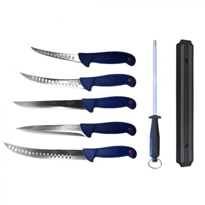 Pachet profesional pentru macelarie, dezosat, injunghiat, transat, filetat, 5 cutite, suport magnetic, masat pentru ascutit foto