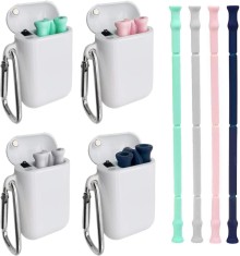4 paiele pliabile din silicon, colorate, reutilizabile Paiele de baut pliabile telescopice cu husa de transport pentru calatorii Accesorii pentru bar foto