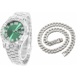 Set Ceas Iced Out Silver Green + Colier Cuban Chain Iced out, insertii din zirconiu, otel inoxidabil, dispozitiv pentru ajustare, impachetare premium,