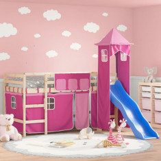 vidaXL Pat etajat de copii cu turn, roz, 90x200 cm, lemn masiv pin