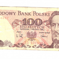 Bancnota Polonia 100 zloti 1988, circulata, stare buna