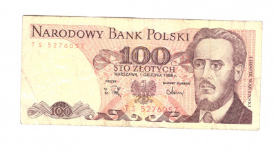 Bancnota Polonia 100 zloti 1988, circulata, stare buna foto