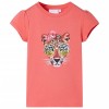 Tricou Copii VidaXL, Corai, Marime 140, 9-10 Ani, Bumbac, Maneci Scurte, Imprimeu Leopard cu Ochelari si Flori