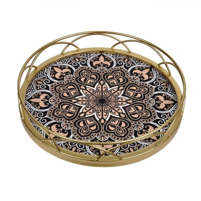 Tavă Servit, Model Mandala, Auriu Maro Nude, 32cm, Metalică foto